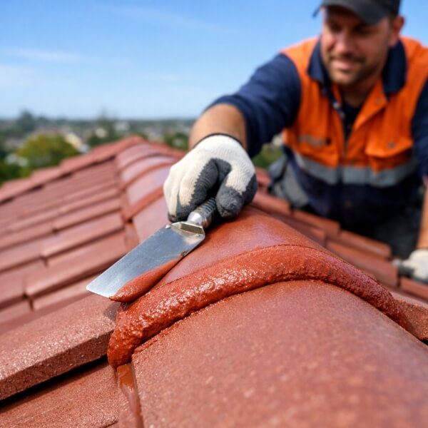Close up of ridge cap pointing during roof repointing job on Gold Coast by Roofing Guys Gold Coast.