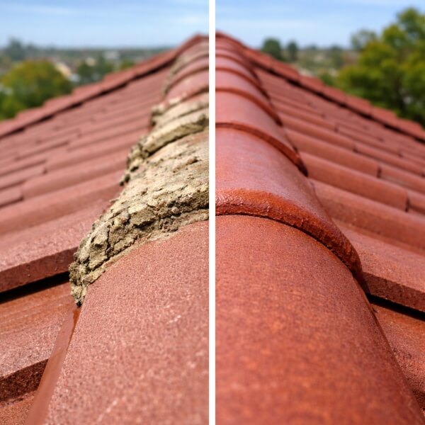 Comparison of worn and restored ridge caps during roof repointing by Roofing Guys Gold Coast.