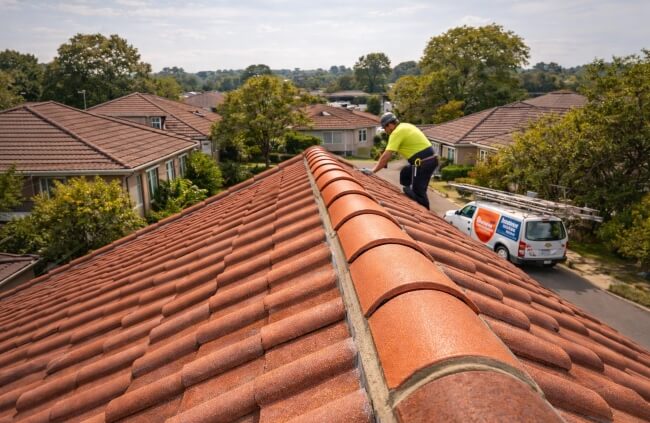Wide view of Gold Coast roof repointing work on tiled home by Roofing Guys Gold Coast team.